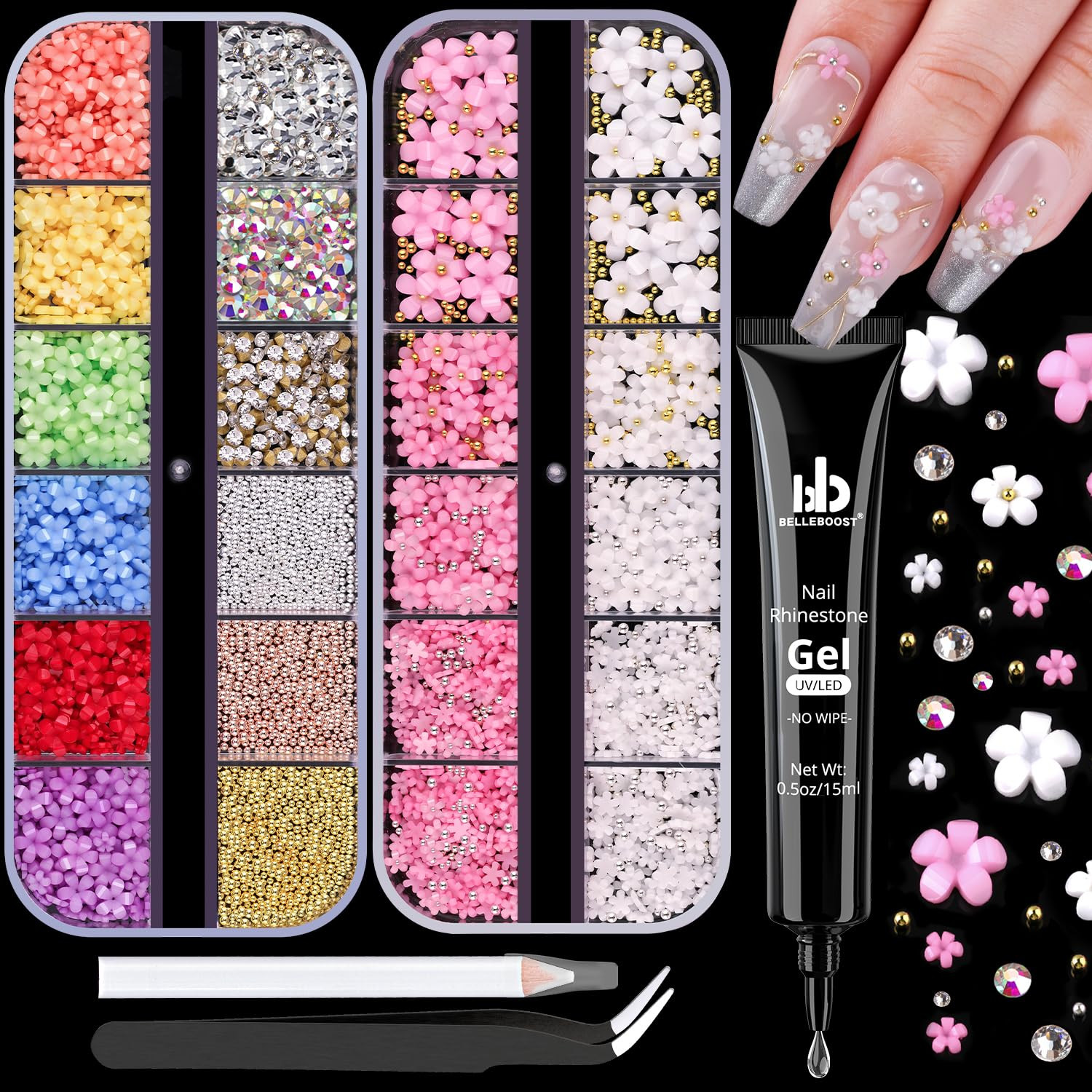 3D Flowers Nail Charms and Gems with Nail Rhinestone Glue Gel, Cute Colorful Acr