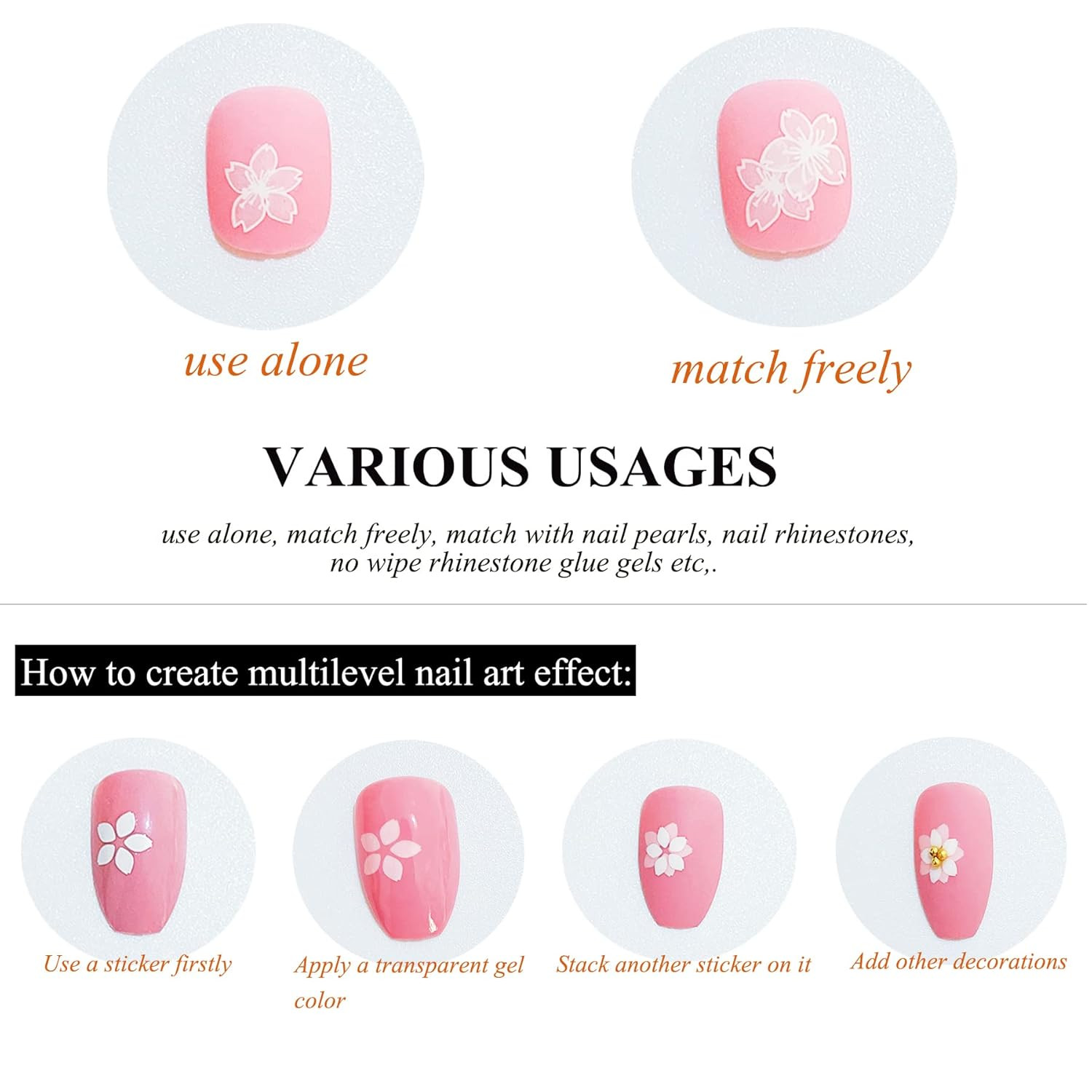 Transparent White Flower Nail Art Decal Stickers for Women Girls Fingernails Des