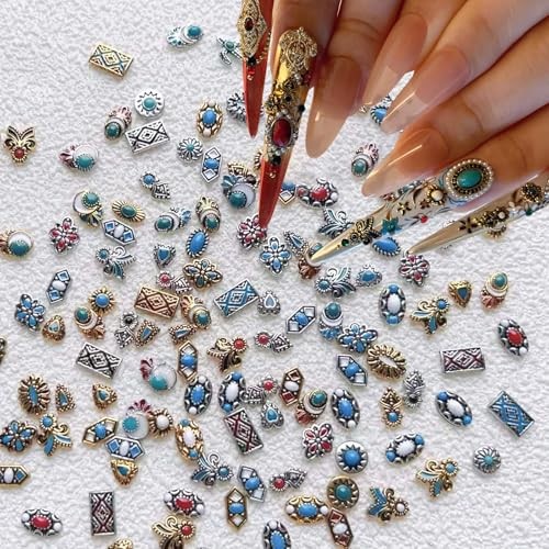 50Pcs Colorful Rock Nail Charms Retro Metal Bohemia Nail Art Charms Retro