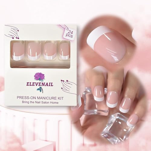 Natural Glossy Nude Pink White Press on French False Nails Nude Pink with white