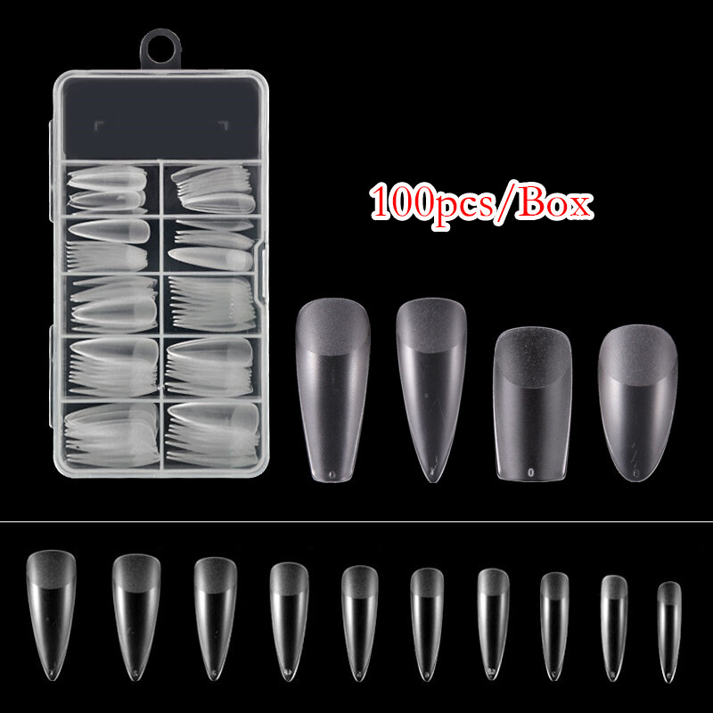 100 Pcs False Nail Tips Clear Nails Square Almonds Waterdrop Sanding Frosted DIY