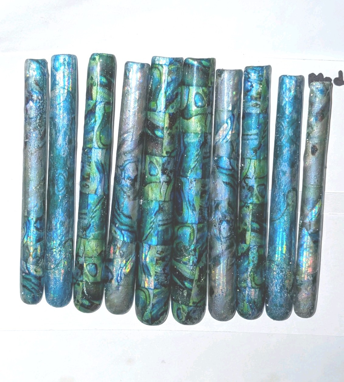 Hand Crafted 6Xl Acrylic Teal and Blue Marble Long Press-On Nails Sz Medium