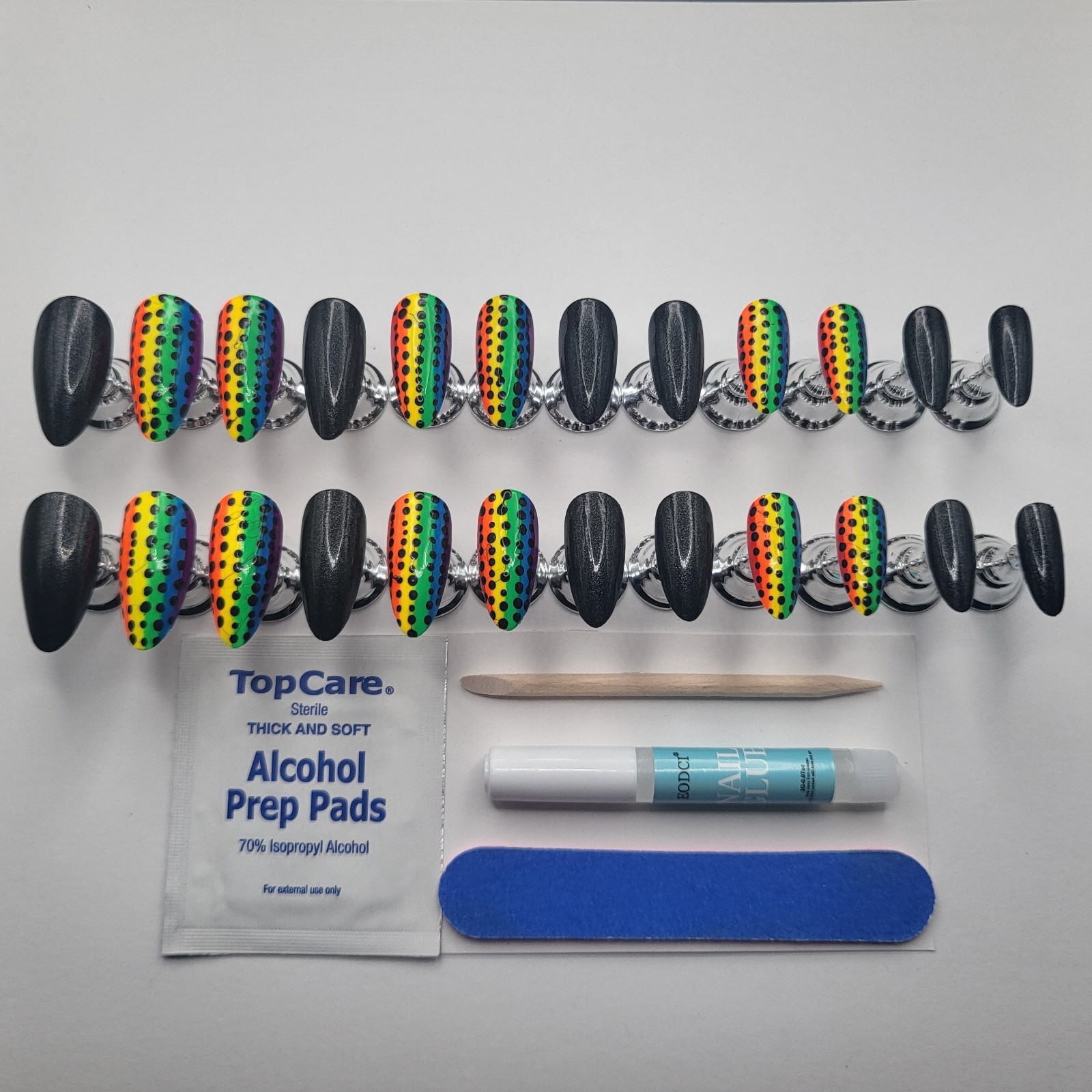 Handmade Rainbow Stripe Press On Nails Medium Almond Black Shimmer | Tempo