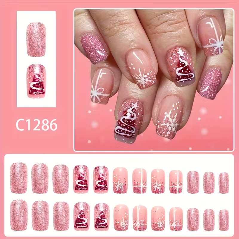24pcs Christmas Press-On Nails, Medium, Pink & White Glittery Snowflake & Tree