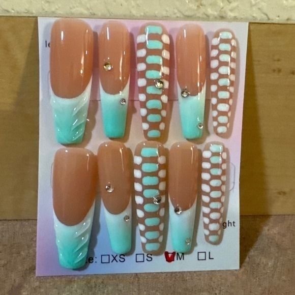 Mint Green Nude Long Coffin Press On Nails Rhinestone 3D Art Size M 10pc Set