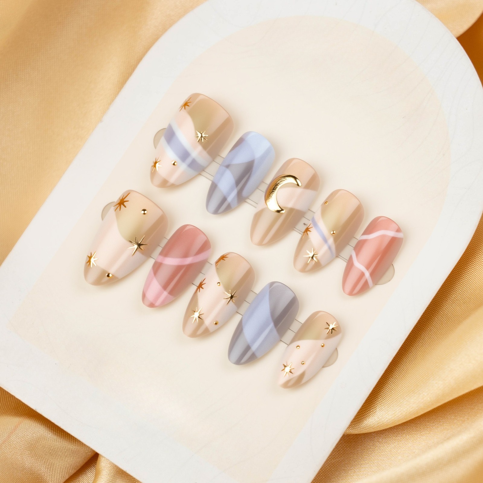 60Pcs-Almond Fake Nails Marble Gradient Gold Moon Star Foil Glossy Press on Tips