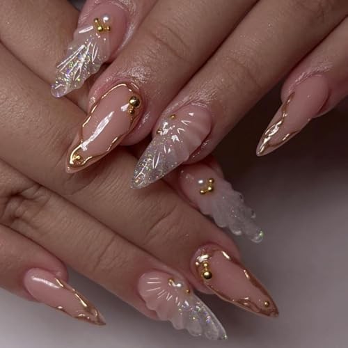 Almond Press on Nails Silver Glitter French Tip Fake Nails glitter french tip