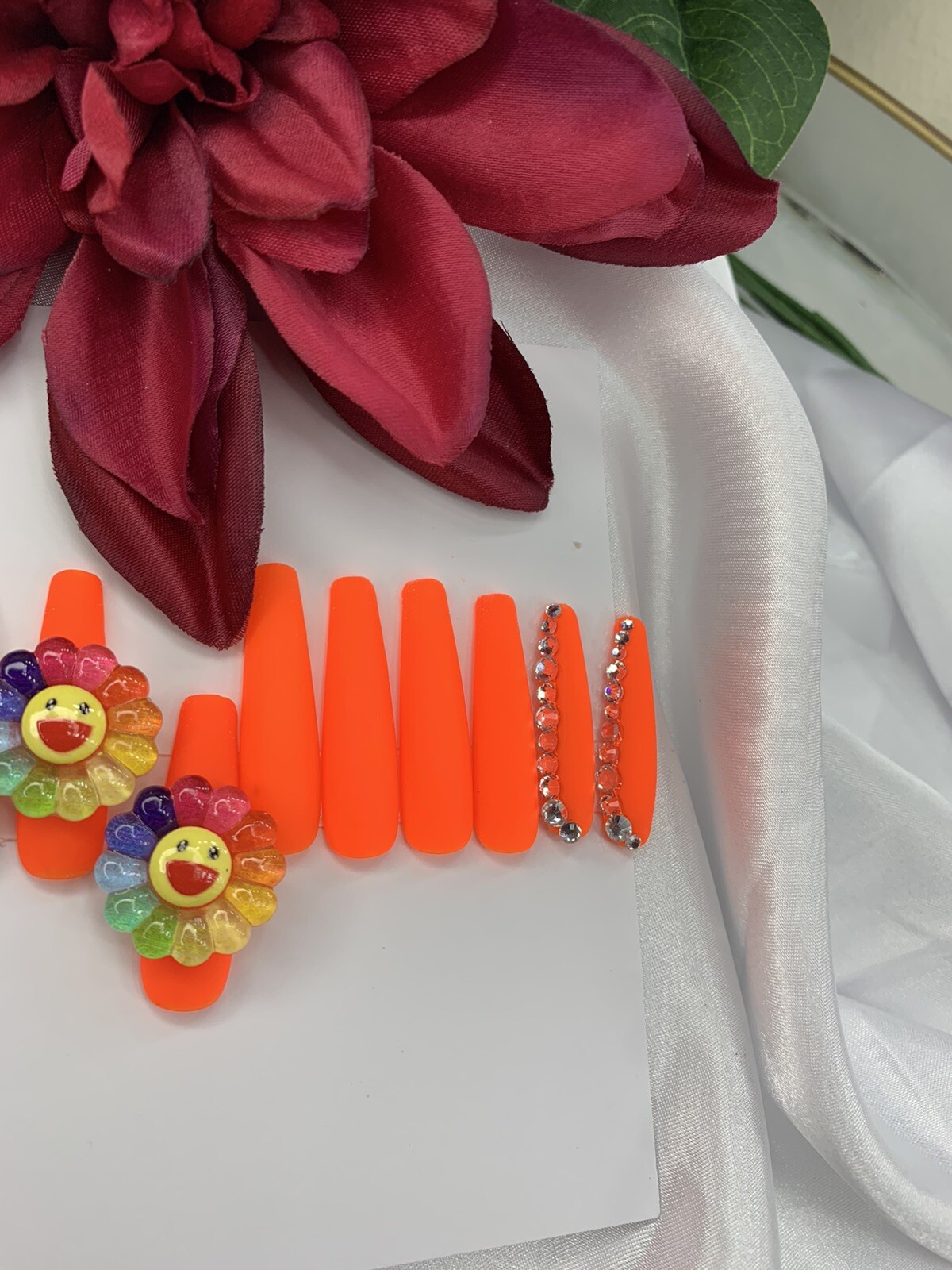 press on nails handmade| Happy Smiley| xL Coffin Set Matte Orange