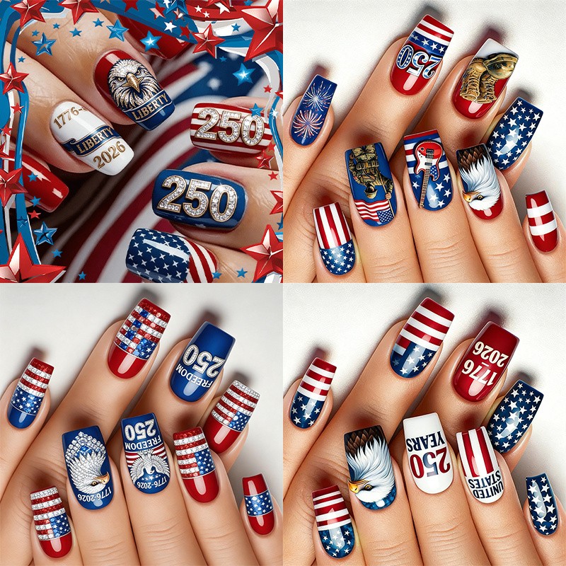 96Pcs Glossy Nails, USA 250th Anniversary, Flag & Eagle Pattern