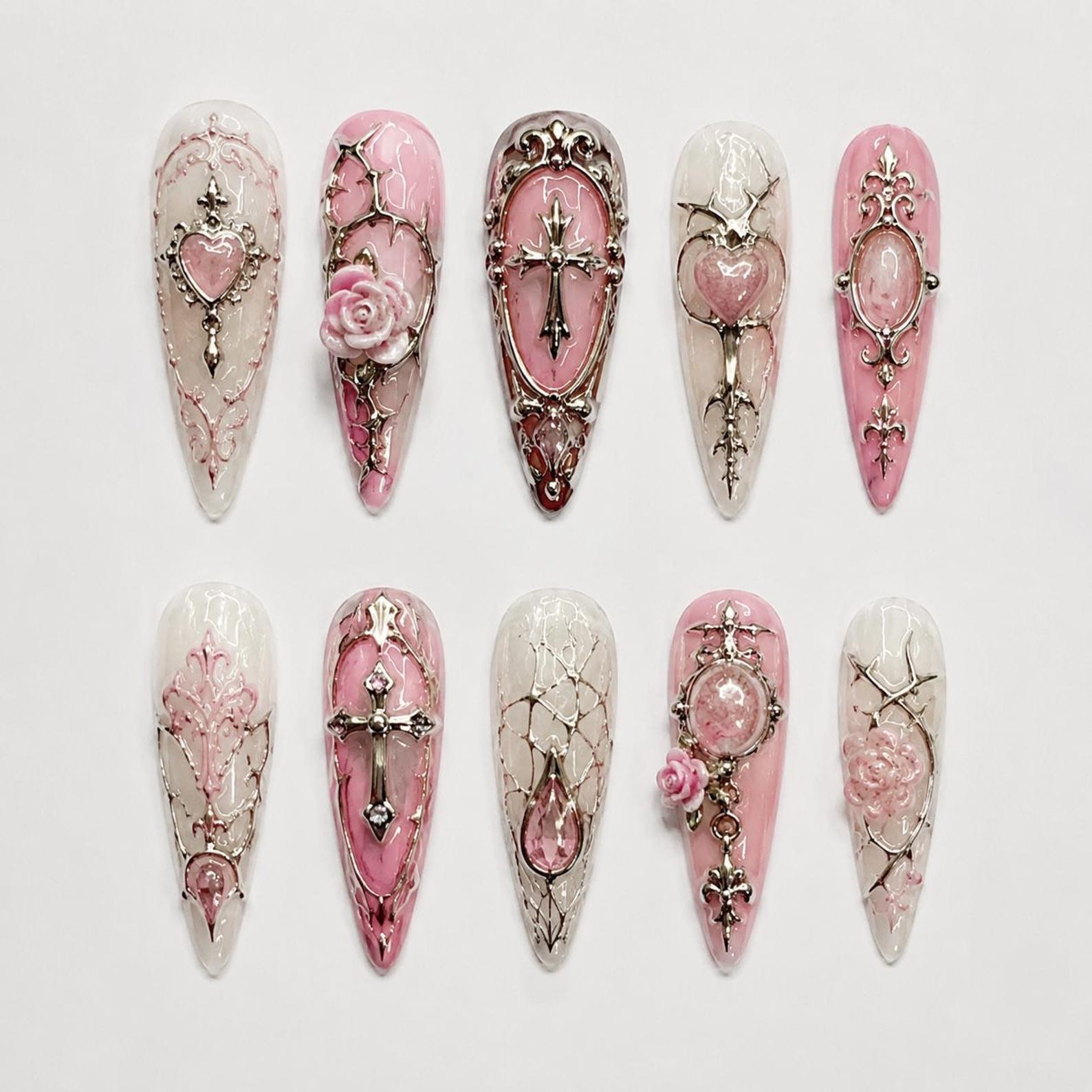 Handmade Gothic Pink 3D Rose Cross Heart Metal Long Stiletto Press on Nails