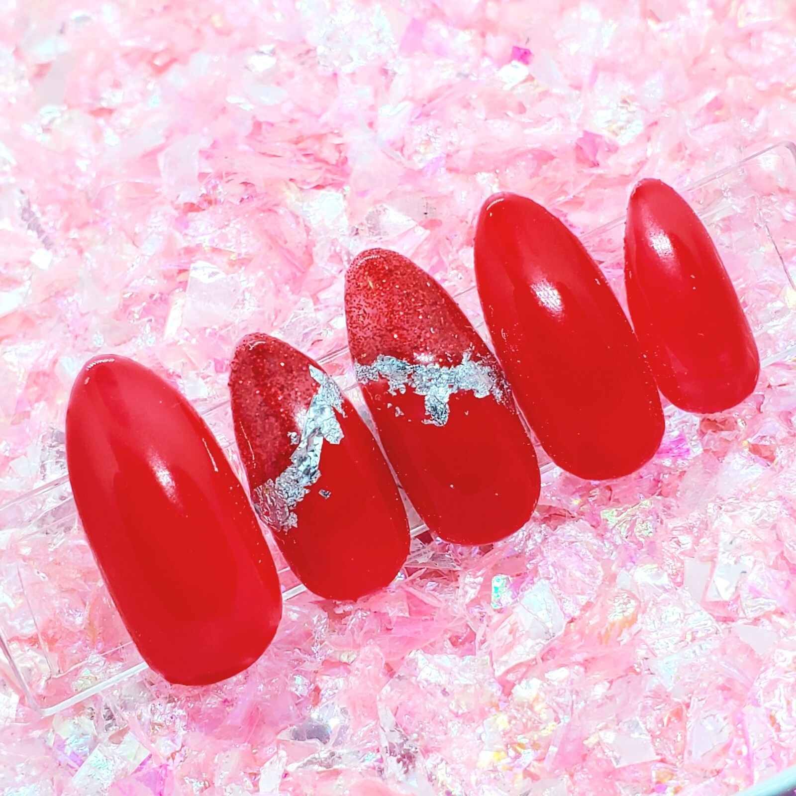Red Glitter Silver Foil Outline Short Stiletto Press On Nails Handmade Hard Gel