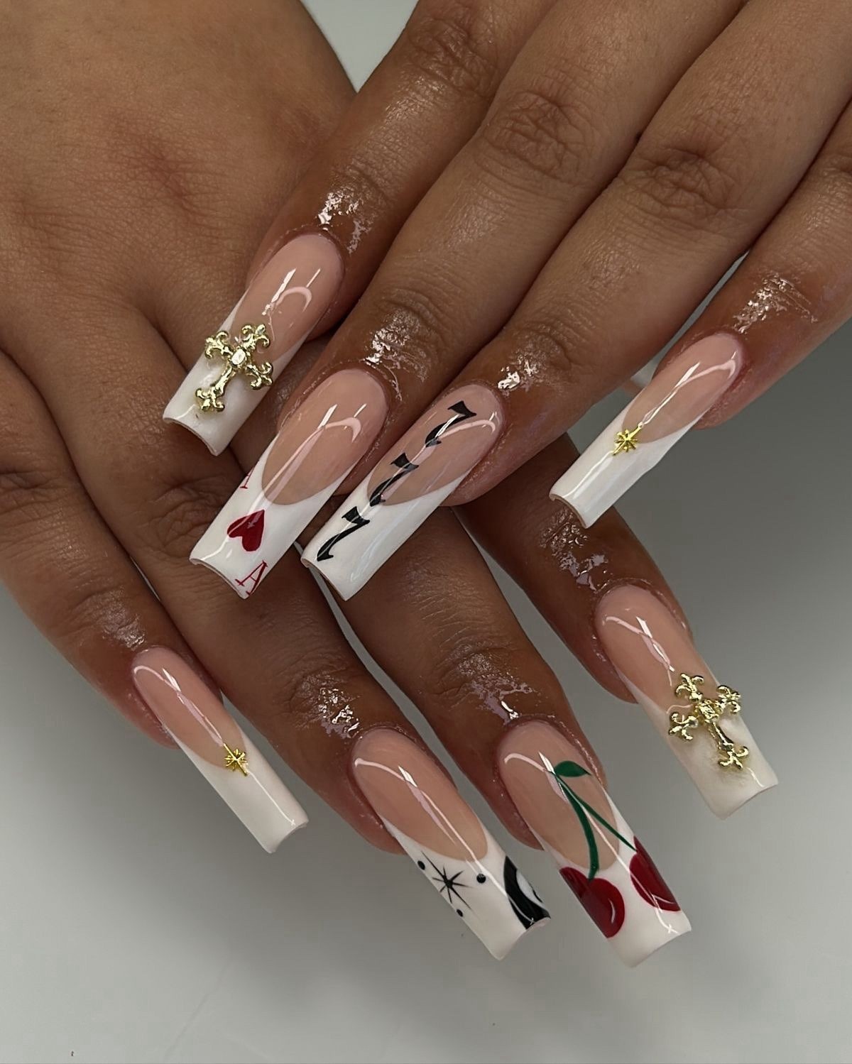 Long Square Press-On Nails, White Red Black Nude, 3D French, Heart Cherry Cross