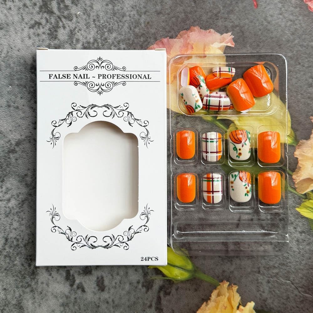 Thanksgiving Fall Press on Nails Short Square Fake Orange Style 6