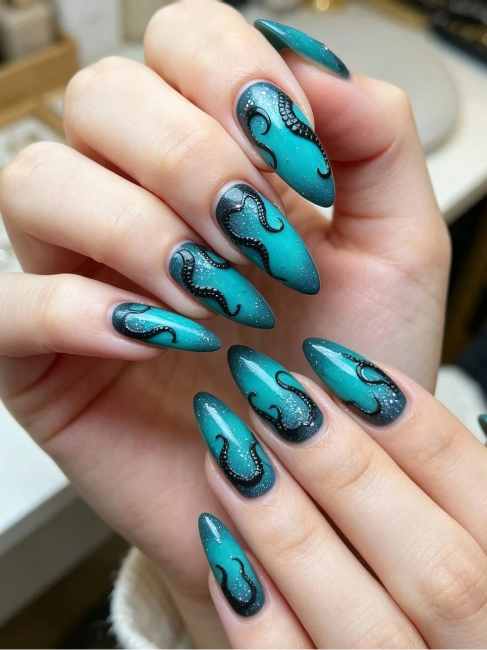 Blue Teal & Black Octopus Press On Nails NEW Goth fashion Halloween Summerween