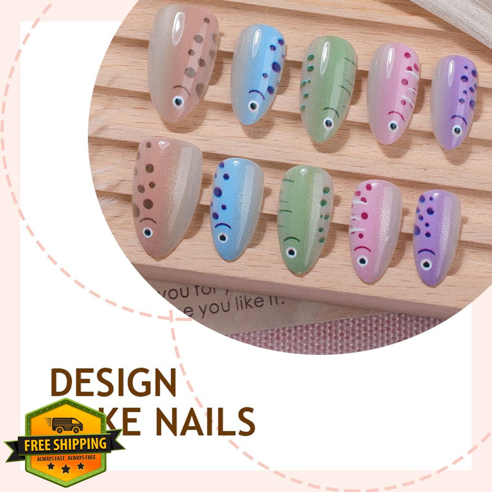 KASOICRA Medium XJXR25 Glitter Fish Press On Nails