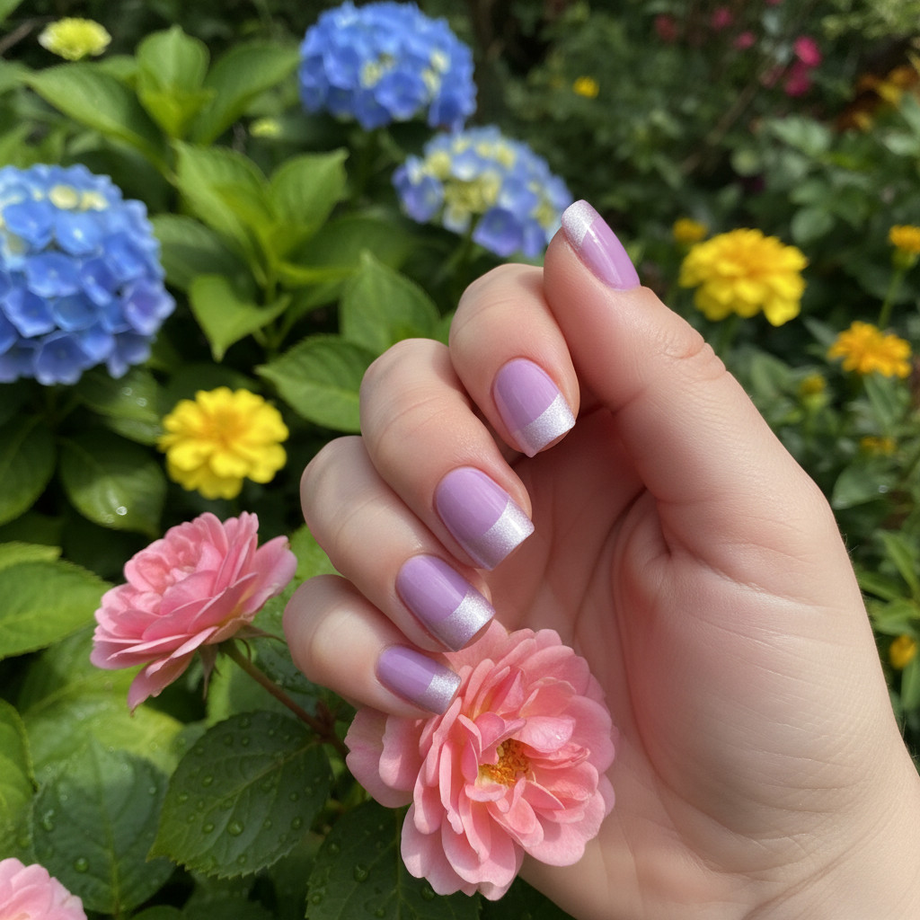 MIMO Press-On Nails Square – Lavender with Silver Glitter Tip, 24pcs Reusable