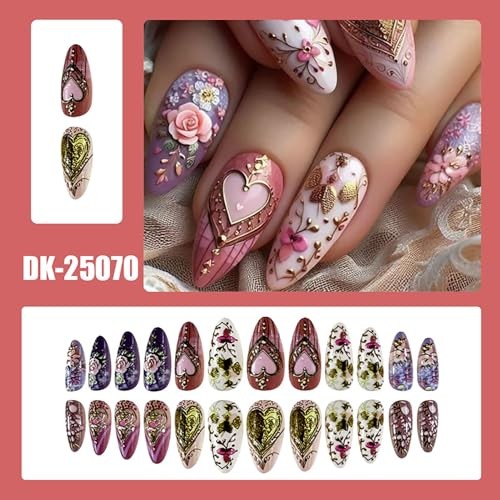 Gold Love Heart Press on Nails Almond Shaped Flower Rose Gold Love Heart Flower