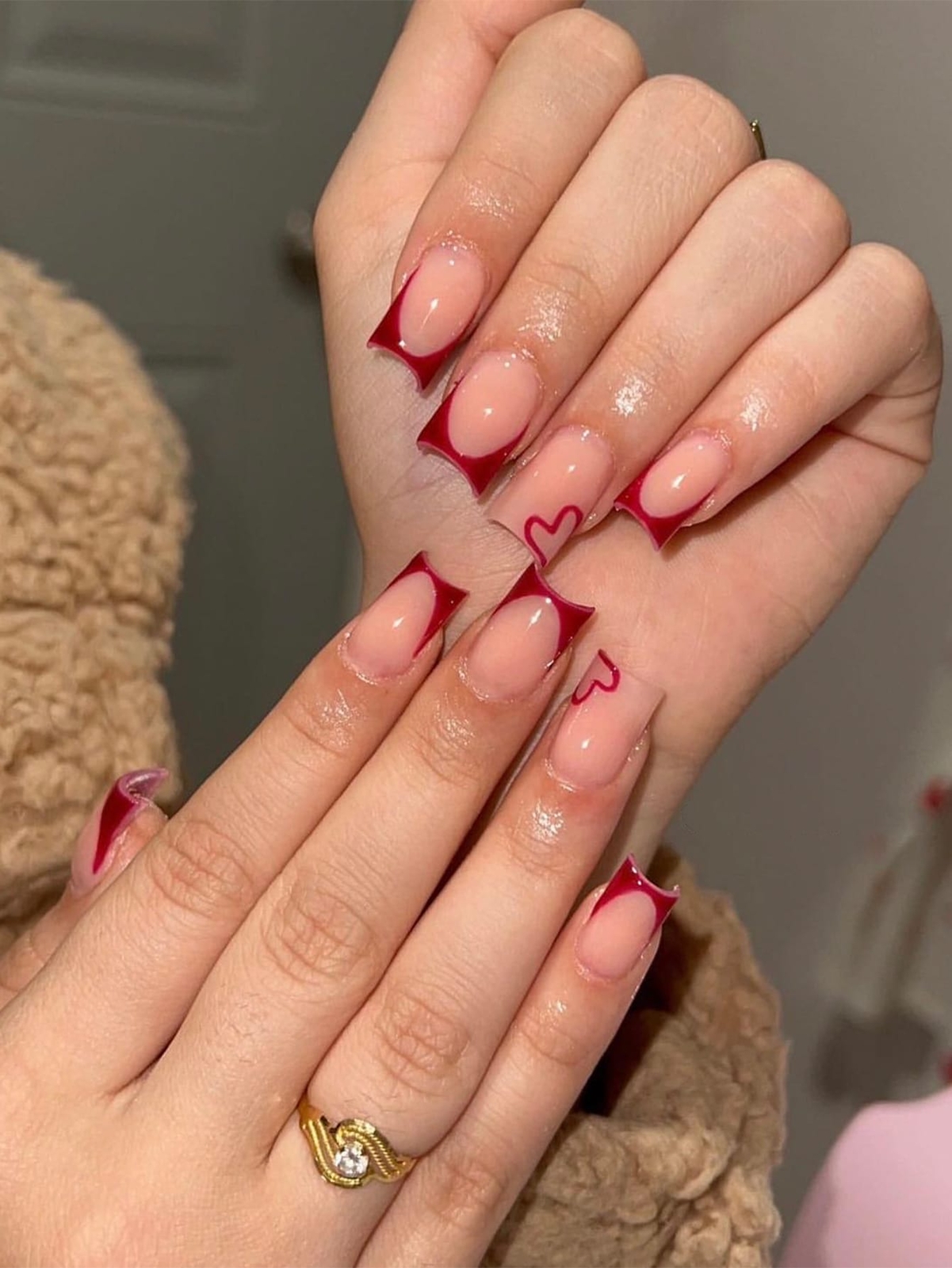 24pcs/set Square Red French Nails with Red Heart False Nails Press On Nails Glue