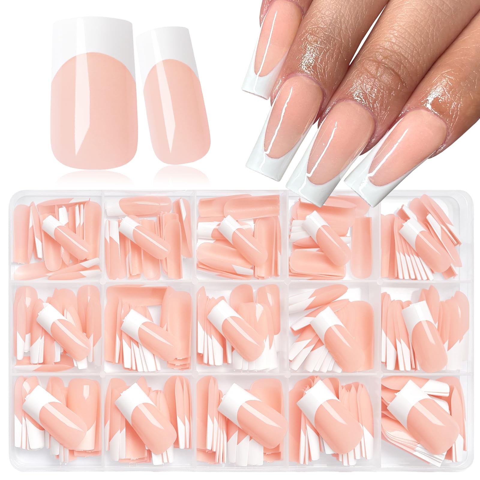 240pc French Tip Press on Nails Medium Fake Nails with Tabs, Square Nails Pre…