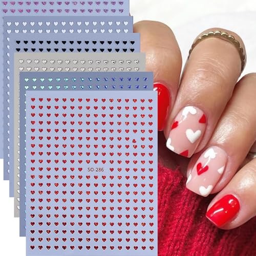 6 Sheets Heart Nail Art Stickers Decals Black White Red Laser Silver Heart-7