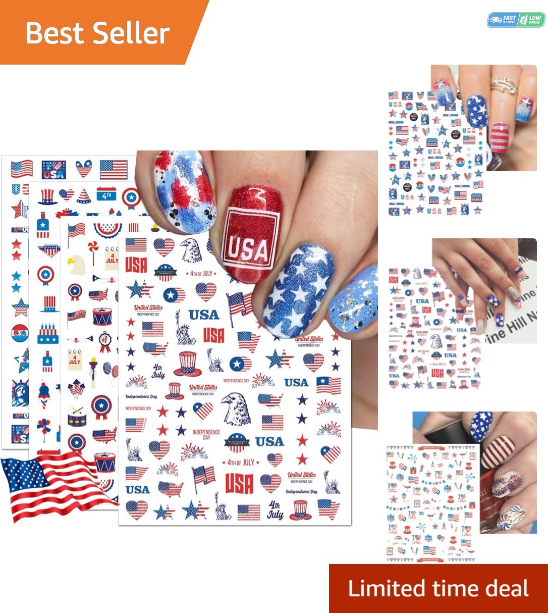 12 Sheets Patriotic Nail Art Stickers – Easy Self-Adhesive Designs for July 4th