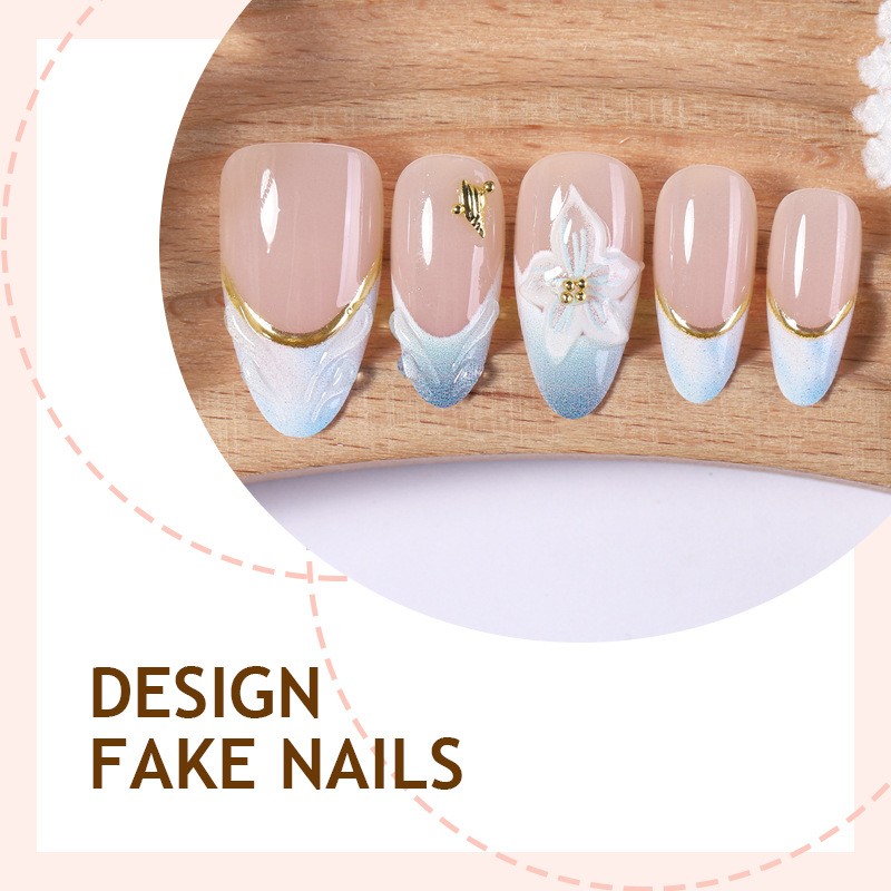 60Pcs-Nude Blue Ombre 3D Flower Press on Nails Almond Nail Set Reusable Handmade