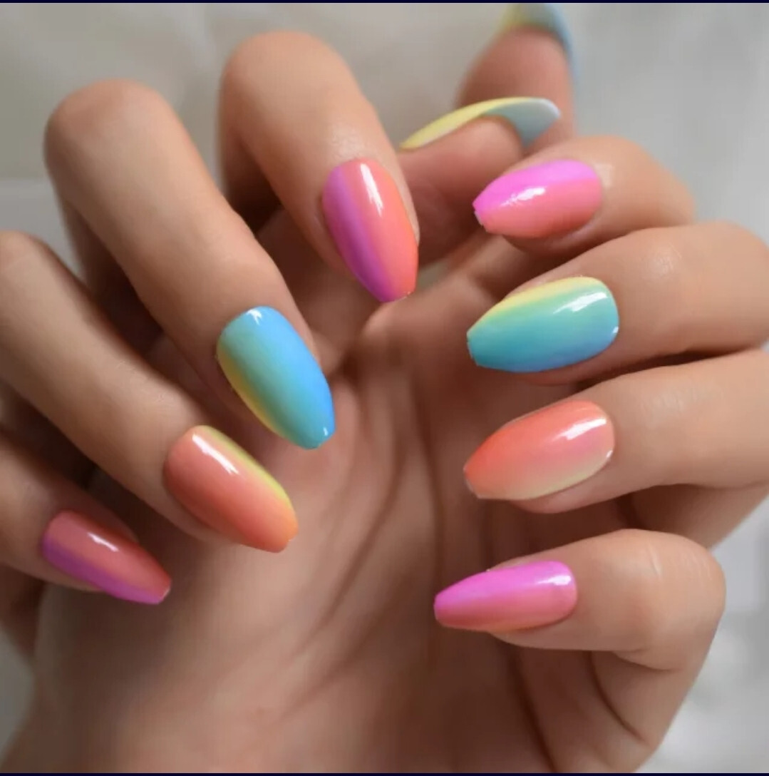 24 Medium Press on Nails kit glue on rainbow ombre bright neon coffin pink orang