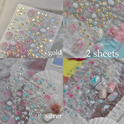 2Pcs Summer Nail Stickers for Nails Art,Extra Shiny shell starfish gold silver