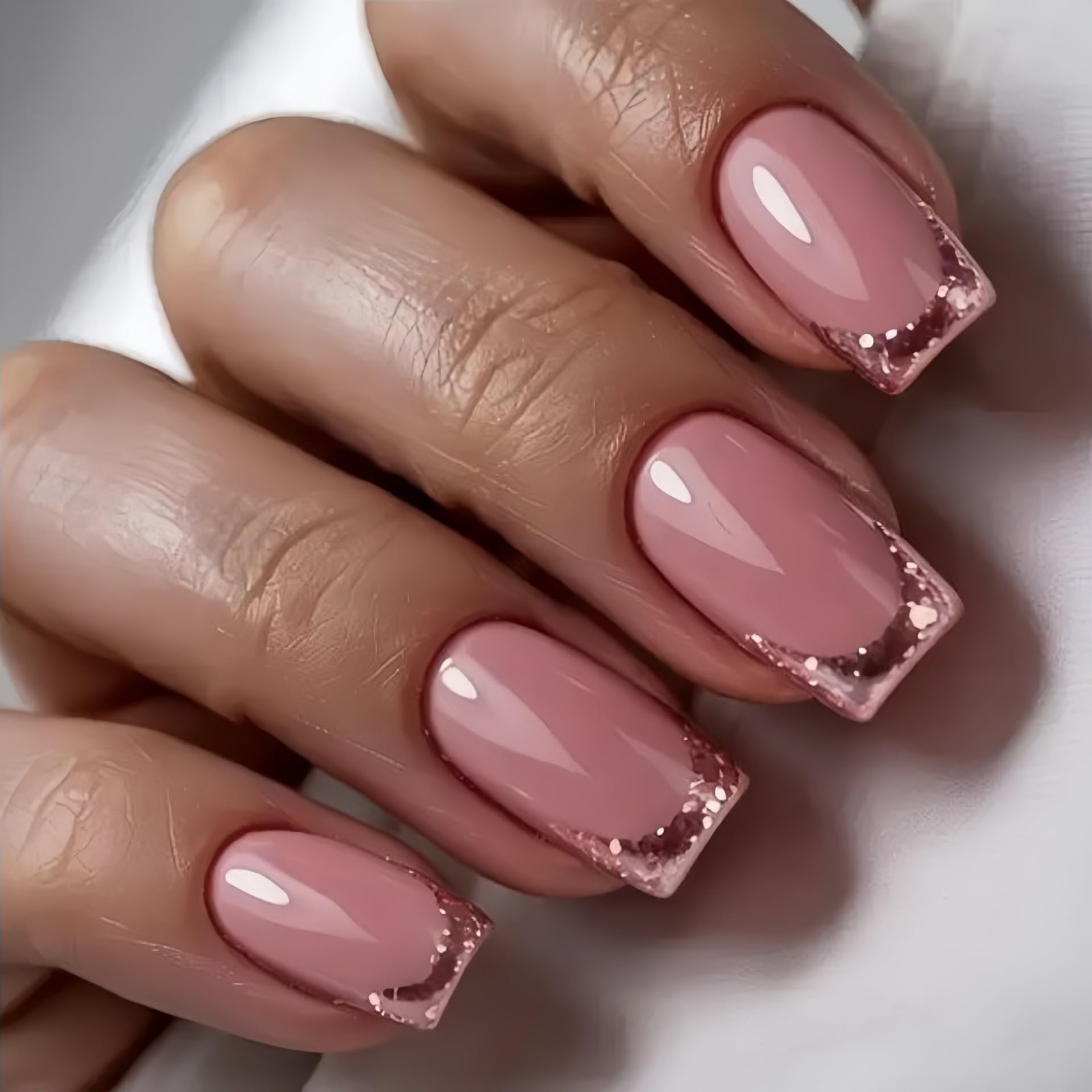 Press on Nails French Tip Fake Nails Short Square False Nails Pink Glitter Ac…