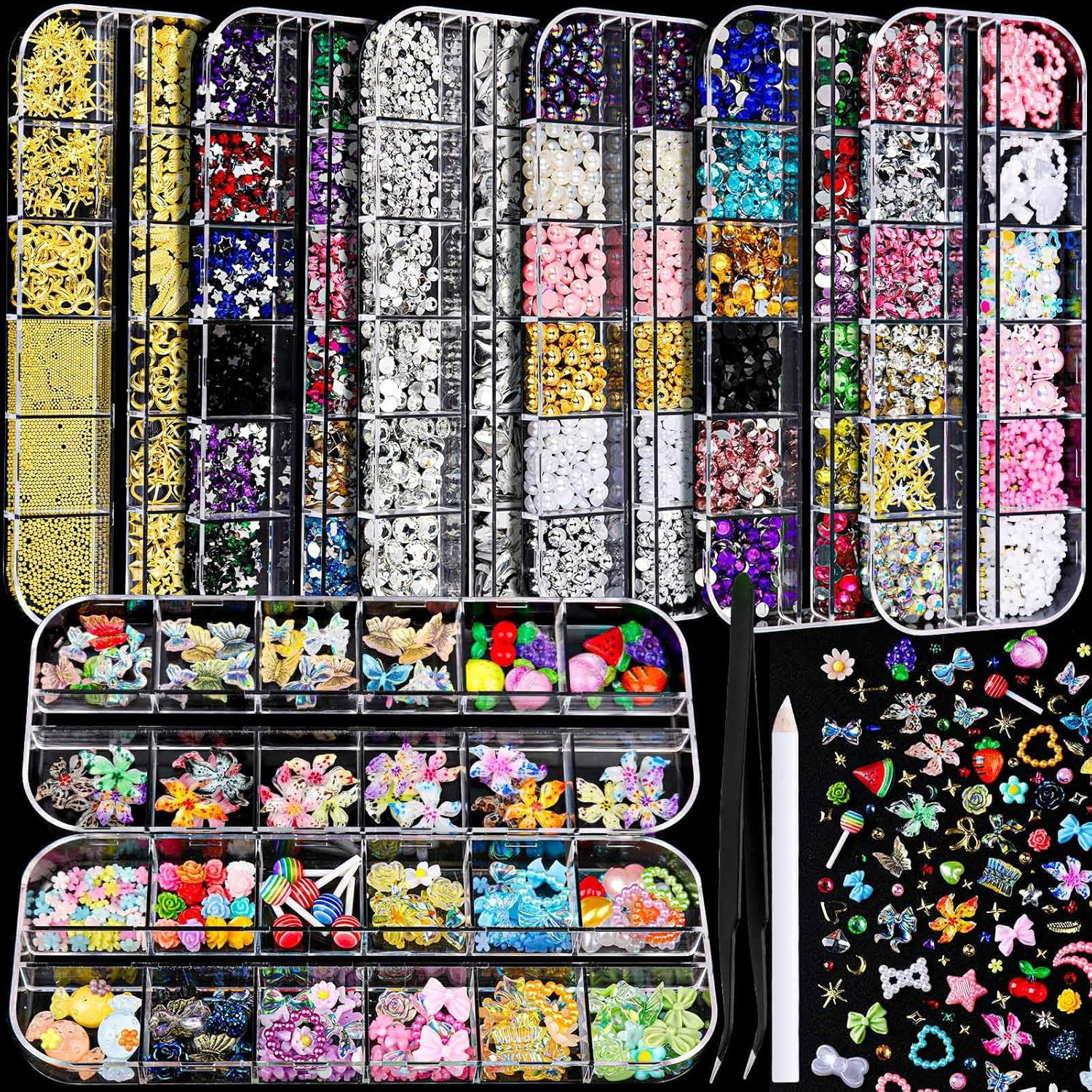 Nail Charms and Gems, 8 Boxes Nail Art Kit for Design, Multi-Shape Rhinestones f