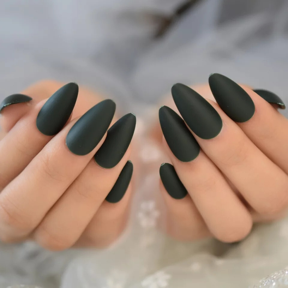 24 Medium Press on nails kit w glue Matte dark green winter