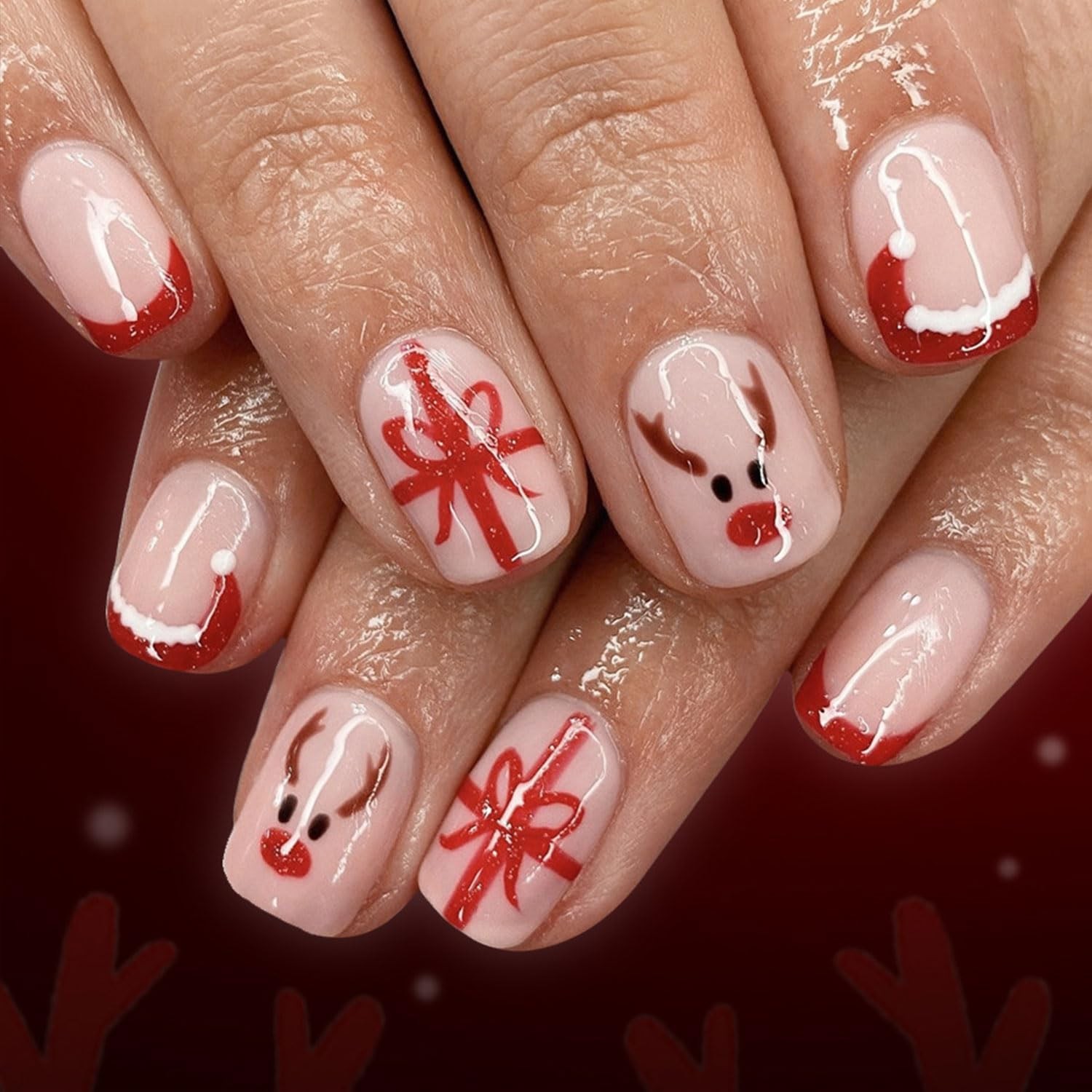 24 Pcs Short Square Press on Nails Christmas Nude Pink Nails Press Ons Red Fr…