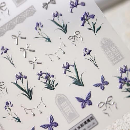 5D Embossed Purple Flower Nail Stickers White Bow Nail Art DEC5D Flower Purple