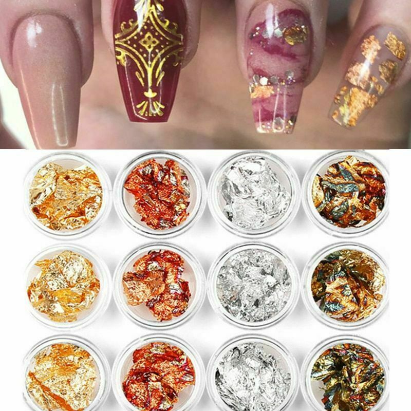 12pcs Nail Art Metal Foil 4 Colors Paper 3D Sticker Flake Decal Decoration