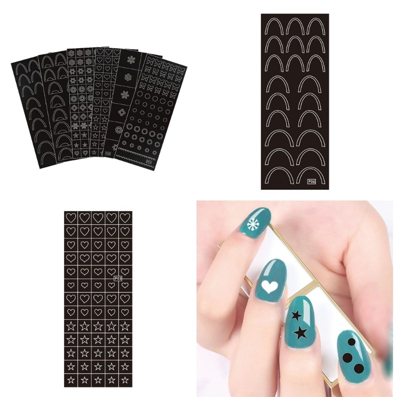 6pcs French Design Hollow Printing Template Stencil Nail Guide Supplies for DIY