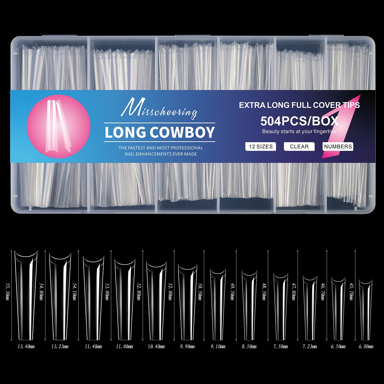 Long Coffin Stiletto T-Shape Nail Art Tips 504pc Clear Full Cover Nail Extension