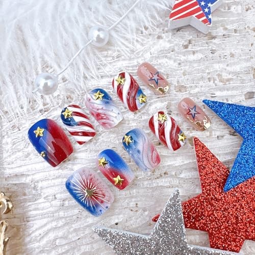 30Pcs 4th of July Press on Nails – Short Square Fake Nails – 4th of July-20