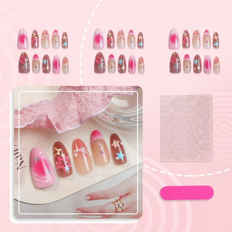 60Pcs-Pink Ombre Star Shell Almond Press on Nails Y2K Cute Daily Fake Nails