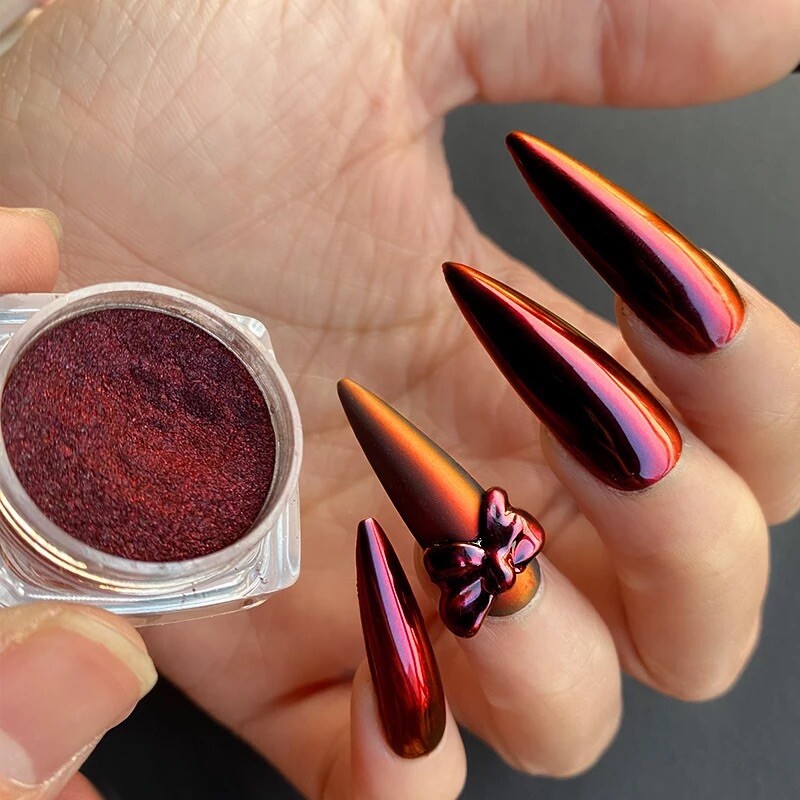 RED to BLACK Chameleon Mirror Nail Powder Duo Chrome Pigment Colour Shift H12