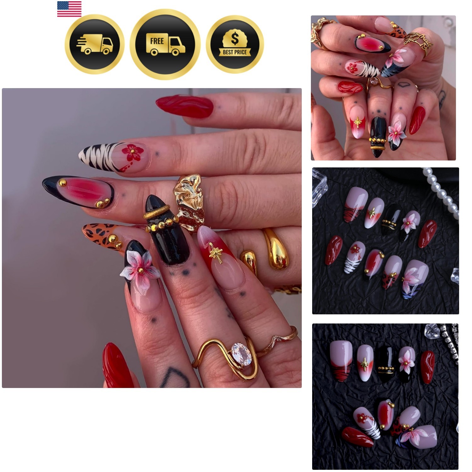 Almond Press on Nails Long Fake Nails Red Artificial Nail Black French Pink F…