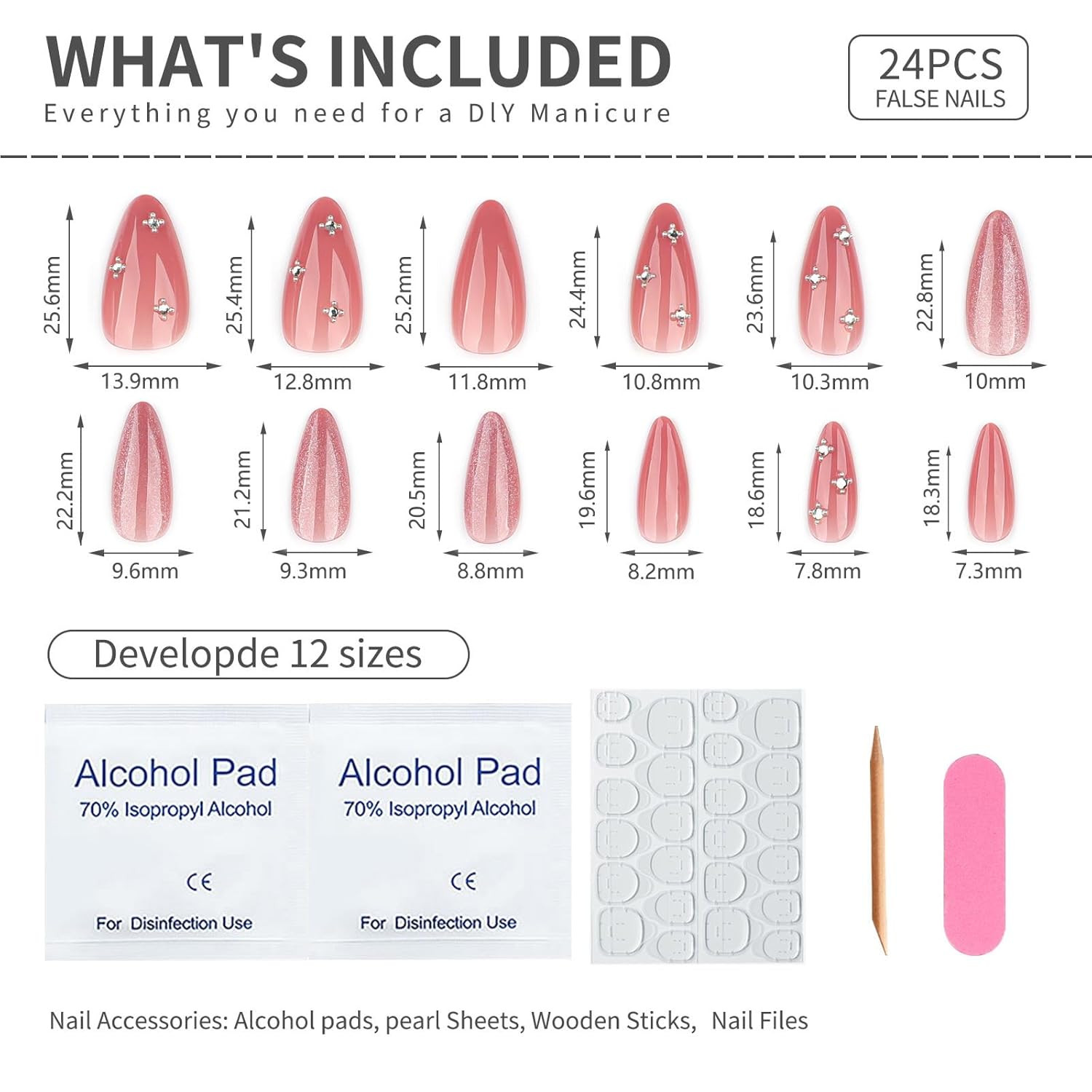 Nude Pink Cat Eye Press on Nails Almond Shape, Glossy Milky Pink Fake Nails with