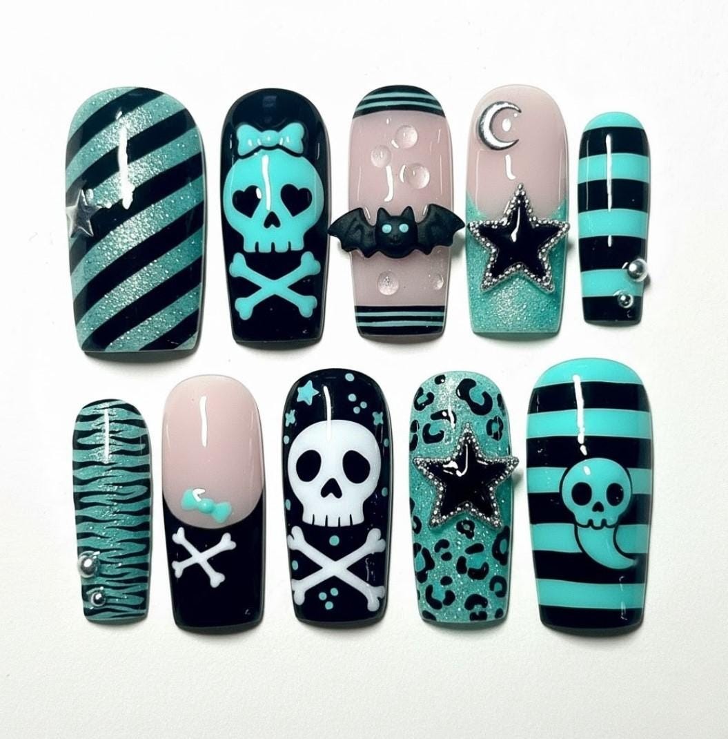 Custom Handmade Halloween Teal Skull Bat Leopard Stripe Square Press on Nails