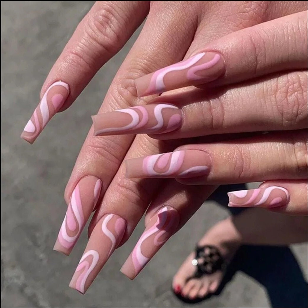New 24 Press On Nails Kit w glue Matte Swirl Nude pink lava design trendy mauve