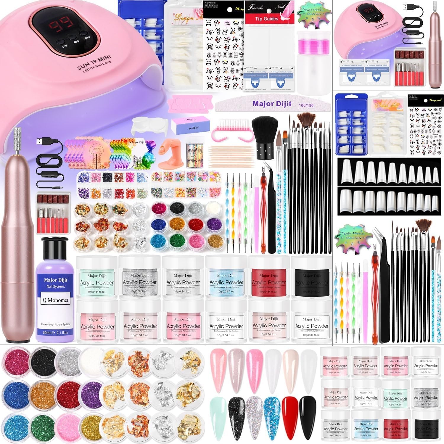 Major Dijit Acrylic Nail Kit with Nail Lamp, 0.35 oz White Clear Pi… Fast Ship