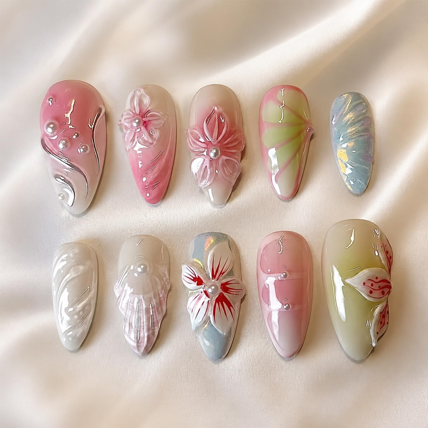 30Pcs Spring Flower Press on Nails Medium Almond Shape Pink Blue Floral Fake …