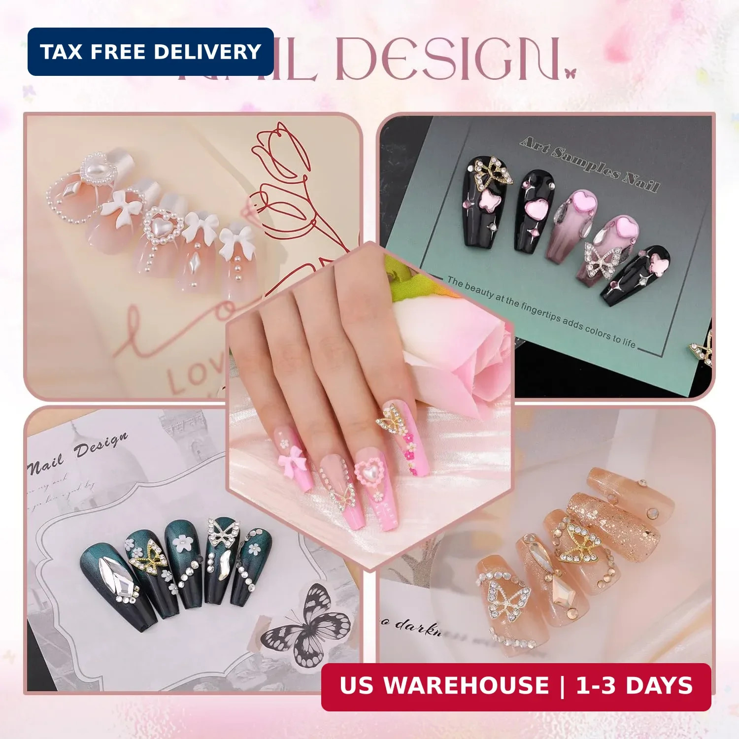 3D Nail Charms and Gems Set 9, 20PCS Chunky Butterfly Charms + 60PCS Coquette Na