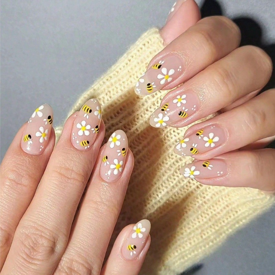 48pcs-Spring Themed Press on Nails, Almond with Bee & Daisy Flower Design