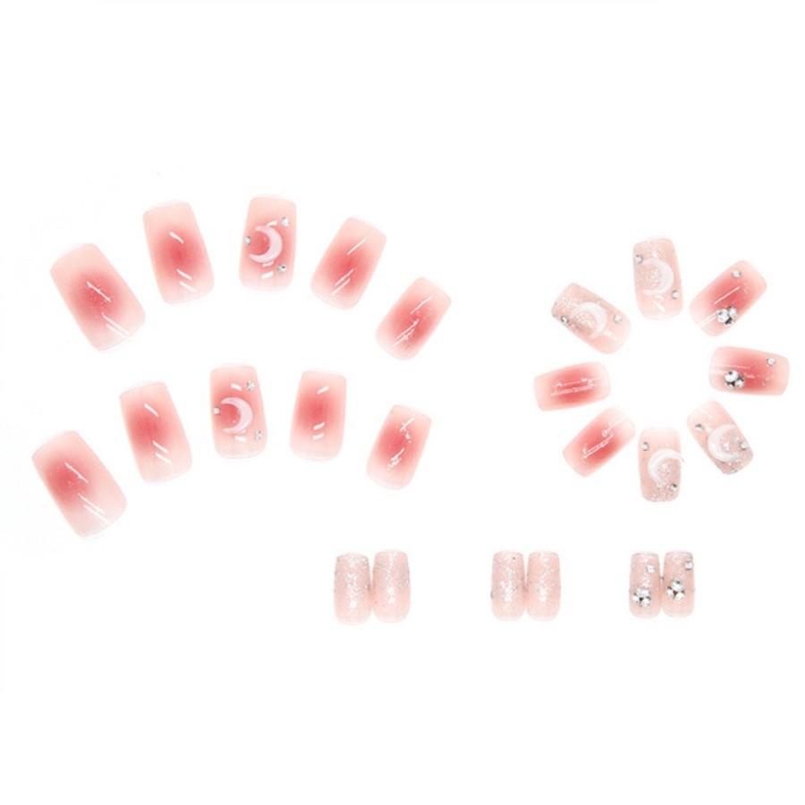 48Pcs Moon Rhinestone Silver Glitter Press on Nails, Long Coffin Nude Fake Nails