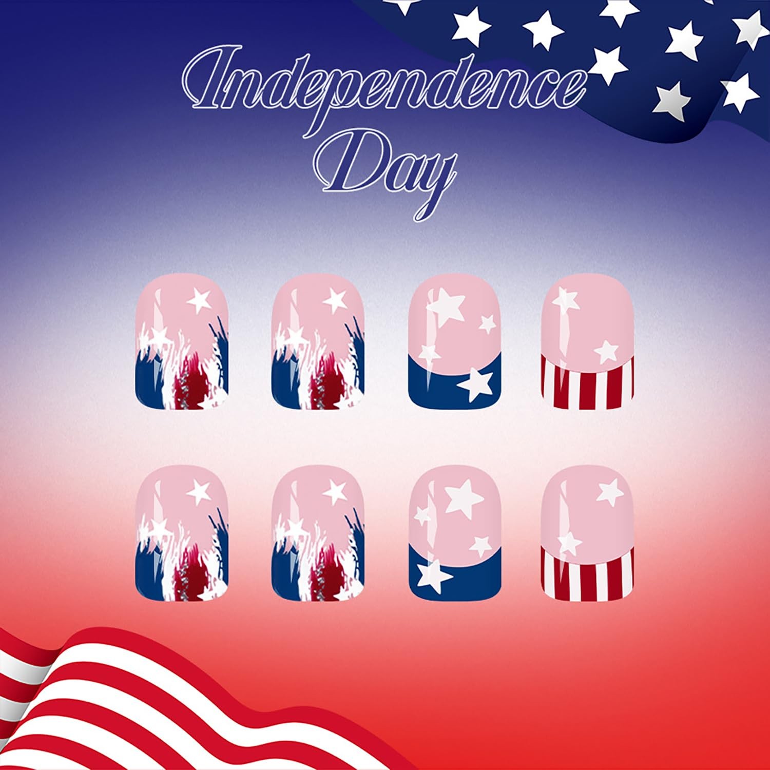 4th of July Press on Nails Short Square, French Tip Fake Nails Red White Blue…