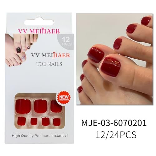 Red Square Press On Toenails 24Pc Glossy ABS False Toe Nails